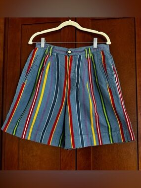 Vintage Lizwear High Waisted Rainbow Striped Pleated Denim Shorts size 12
